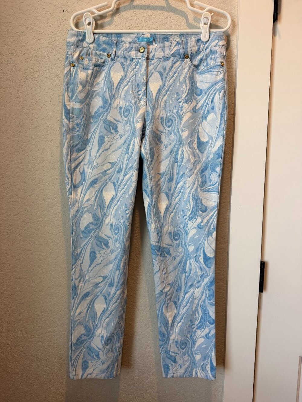 J. McLaughlin Blue White Marble-Swirl Pants Size 10
